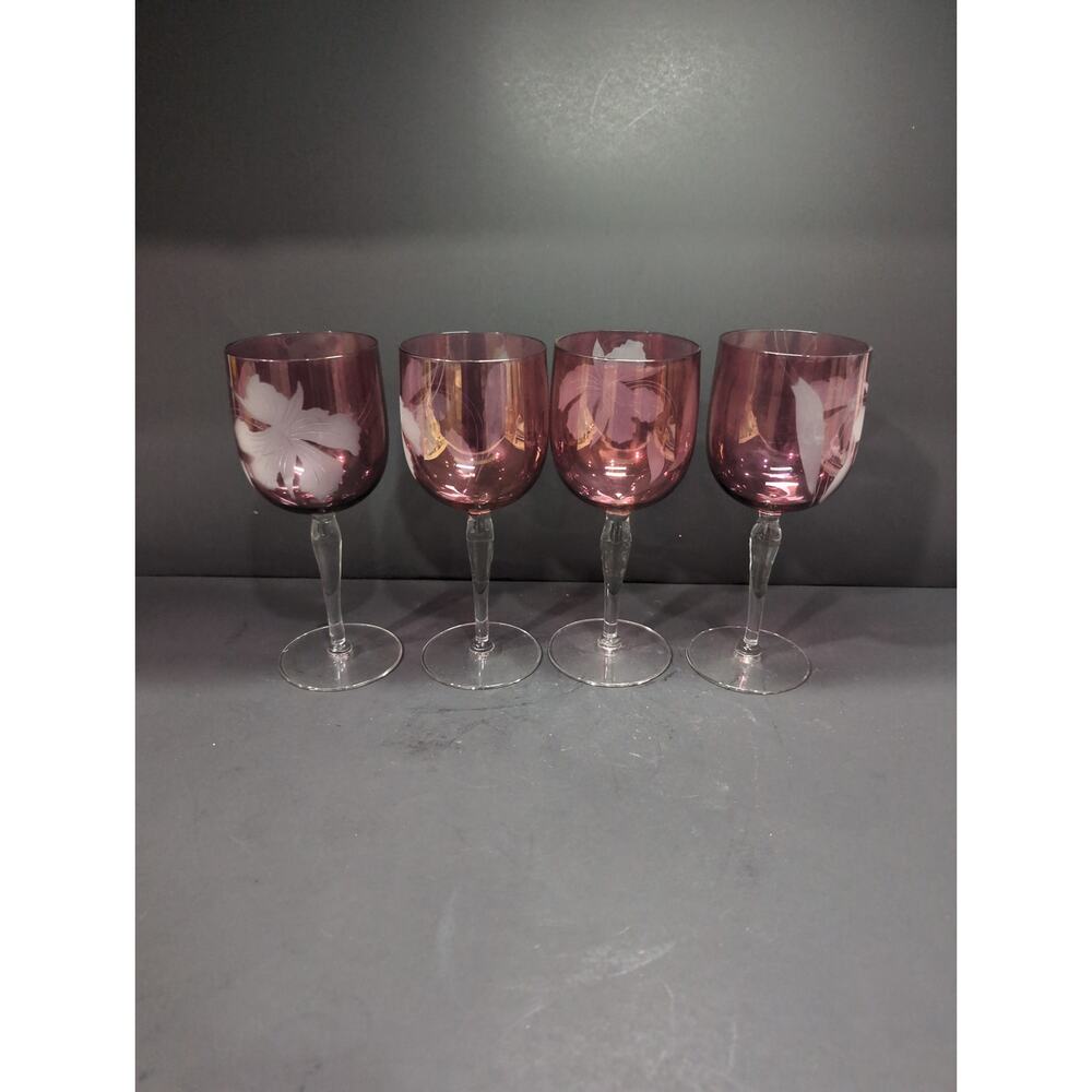 Cranberry Red‎ Wine Glasses, White Etched Flowers, Set Of 4, 7.75" H, Elegant
